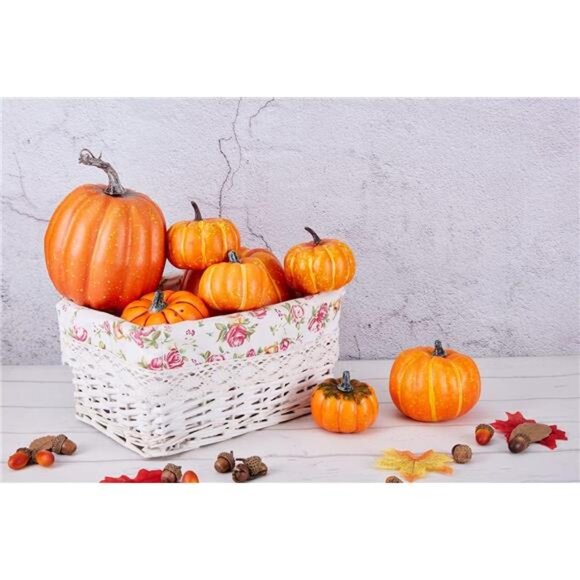 8 Pcs Assorted Sizes Harvest Orange Artificial Pumpkins for Fall Halloween - Picture 3 of 7